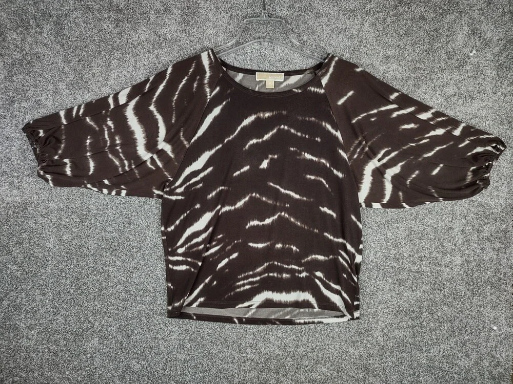 Michael Kors Blouse Top Women Medium Brown Animal Print Elbow Sleeve Dressy Boxy